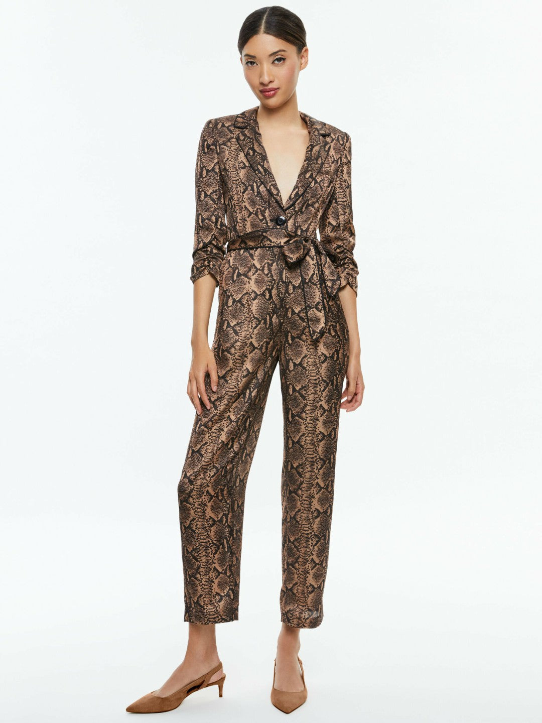 Louetta Pleated Tuxedo Jumpsuit In Camel/black Snake - Alice + Olivia Women