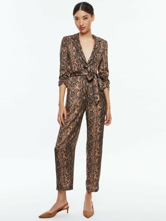 Louetta Pleated Tuxedo Jumpsuit In Camel/black Snake - Alice + Olivia Women