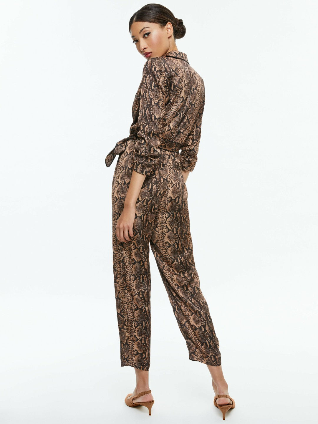 Louetta Pleated Tuxedo Jumpsuit In Camel/black Snake - Alice + Olivia Women