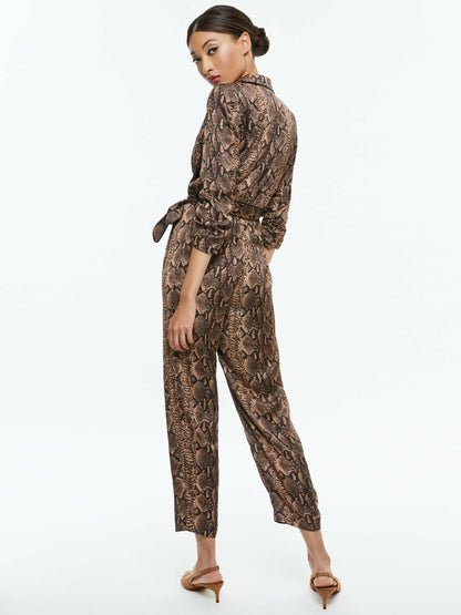 Louetta Pleated Tuxedo Jumpsuit In Camel/black Snake - Alice + Olivia Women
