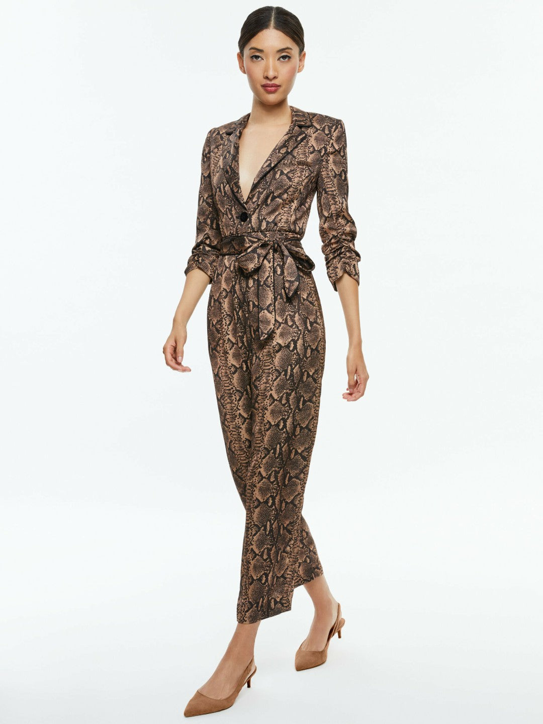 Louetta Pleated Tuxedo Jumpsuit In Camel/black Snake - Alice + Olivia Women