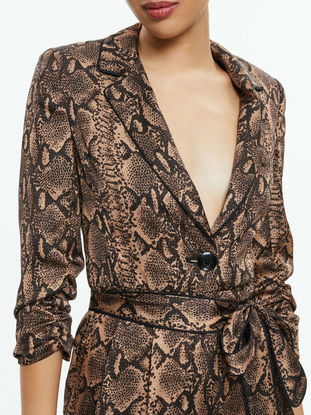Louetta Pleated Tuxedo Jumpsuit In Camel/black Snake - Alice + Olivia Women