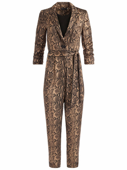 Louetta Pleated Tuxedo Jumpsuit In Camel/black Snake - Alice + Olivia Women