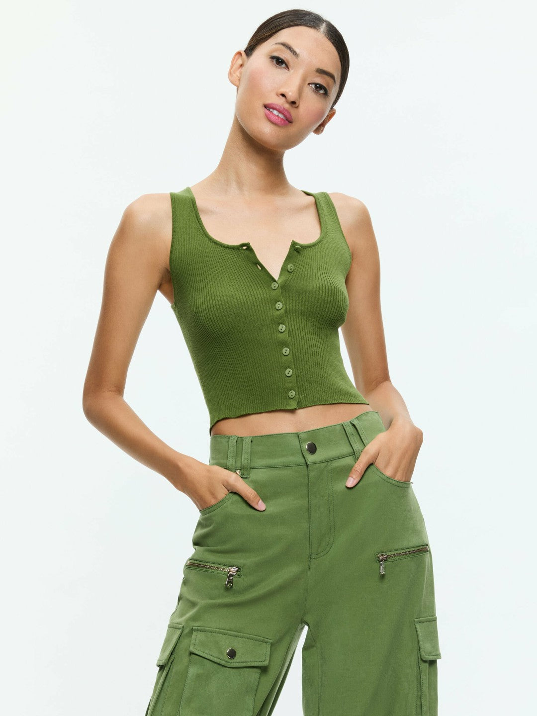 Daryn Button Through Cropped Tank In Avocado - Alice + Olivia Women