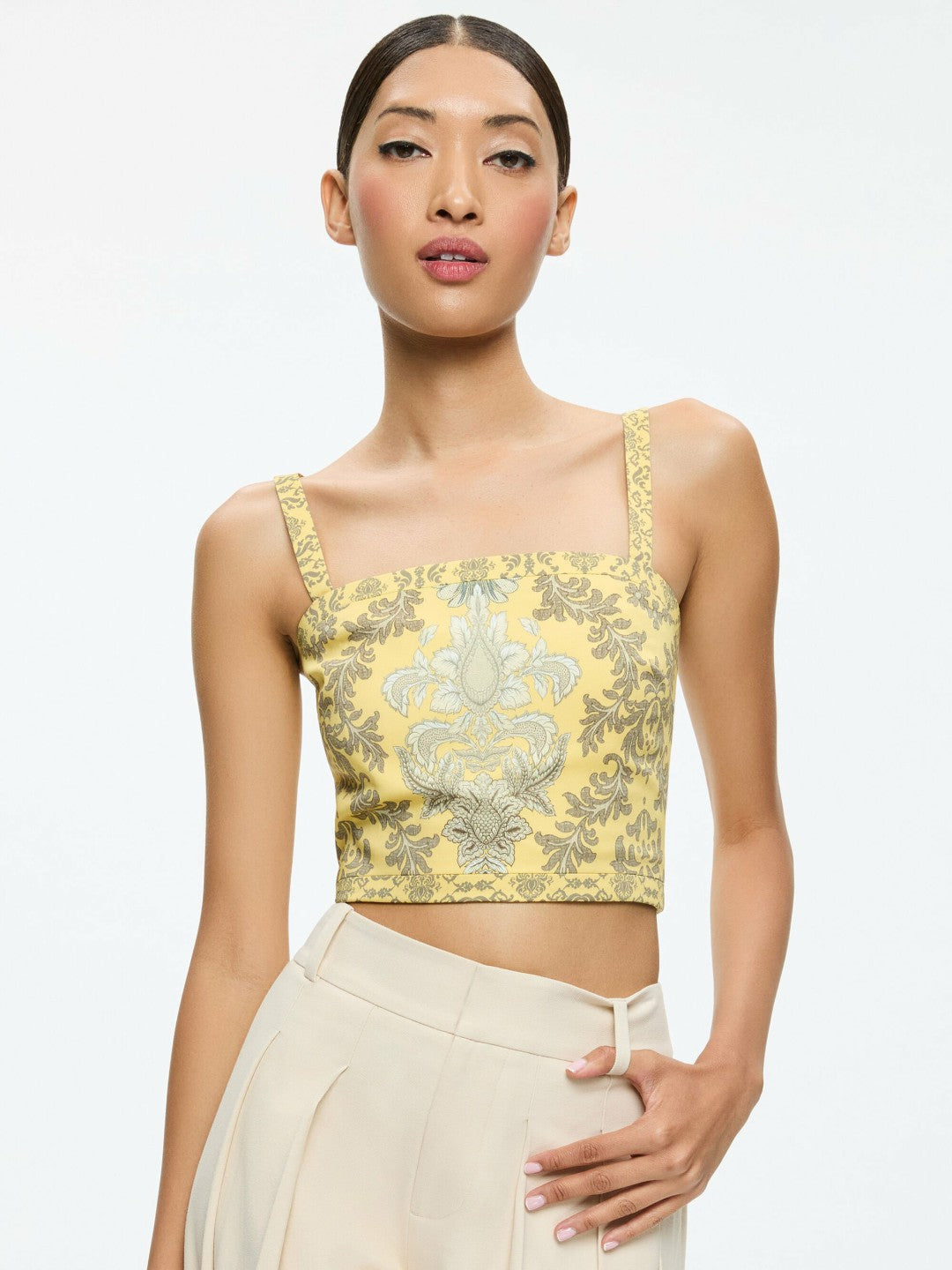 Sasha Lace Up Back Cropped Top In Vanity Lemon Meringue/multi - Alice + Olivia Women