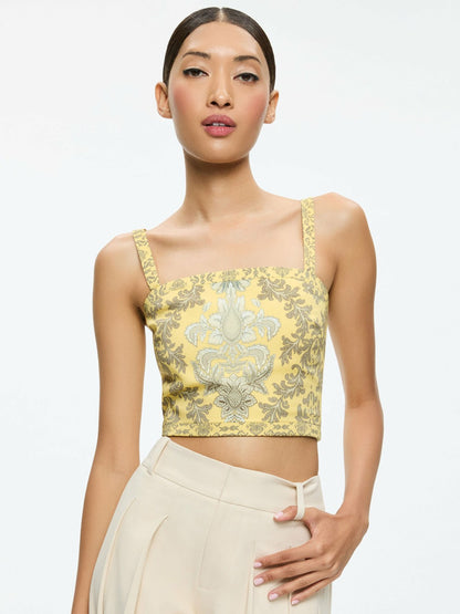 Sasha Lace Up Back Cropped Top In Vanity Lemon Meringue/multi - Alice + Olivia Women