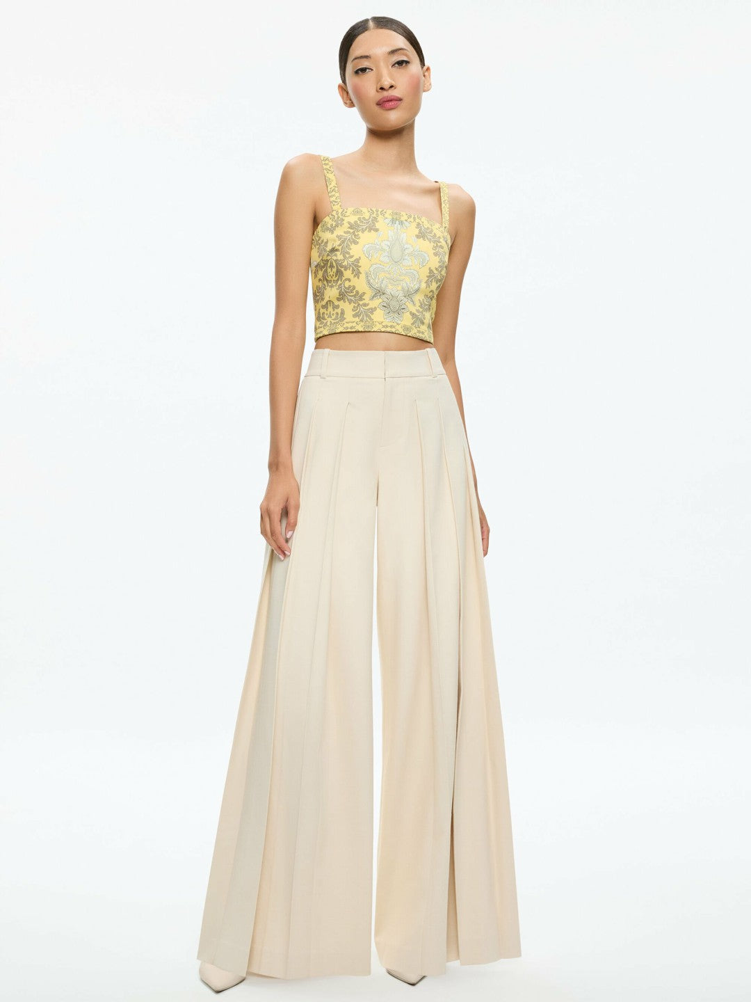 Sasha Lace Up Back Cropped Top In Vanity Lemon Meringue/multi - Alice + Olivia Women