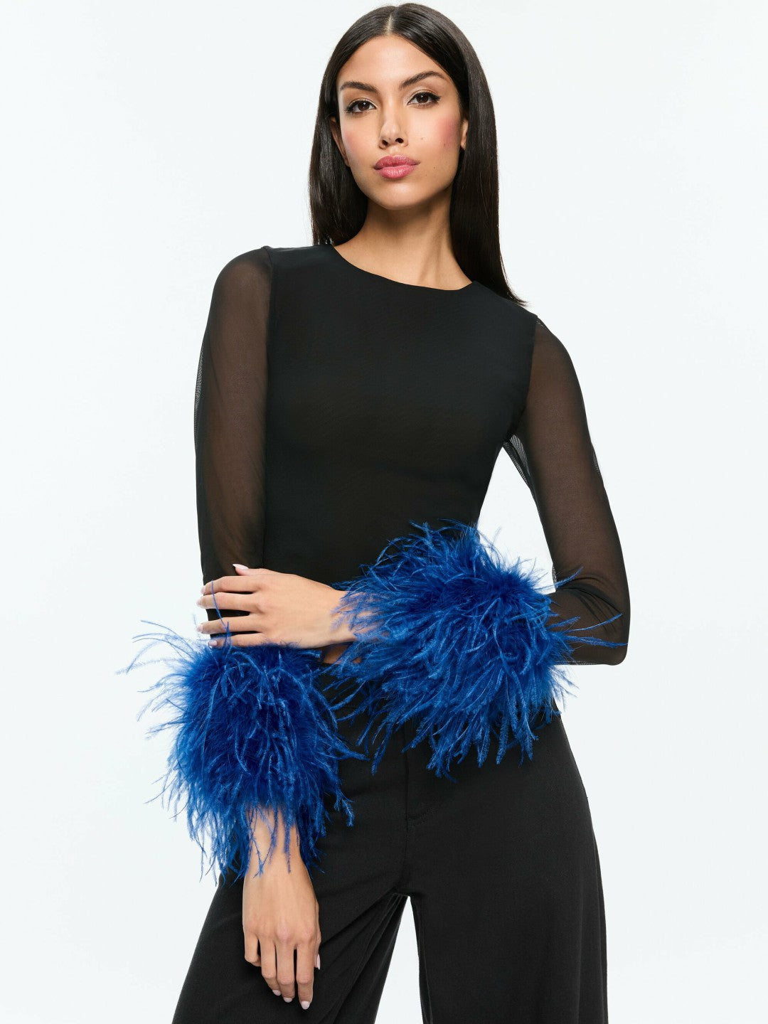 Delaina Feather Top In Black/royal - Alice + Olivia Women