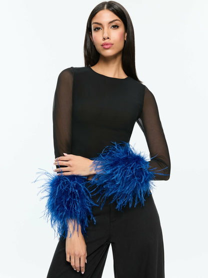 Delaina Feather Top In Black/royal - Alice + Olivia Women