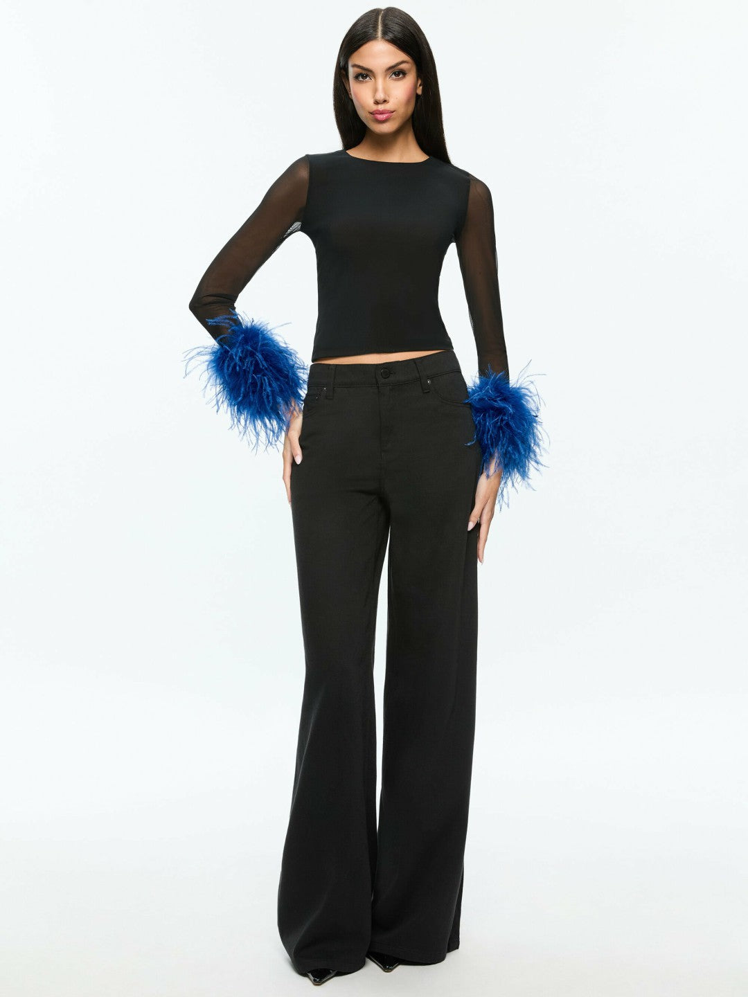 Delaina Feather Top In Black/royal - Alice + Olivia Women