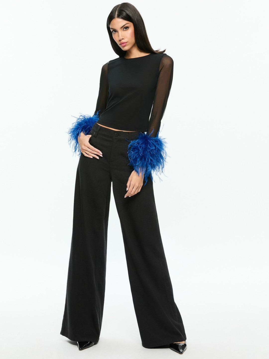 Delaina Feather Top In Black/royal - Alice + Olivia Women