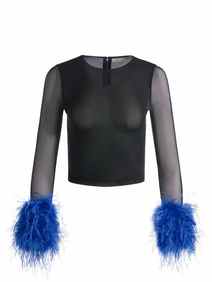 Delaina Feather Top In Black/royal - Alice + Olivia Women