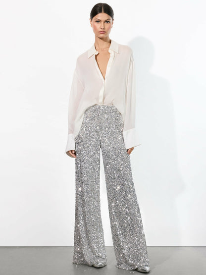 Mame Sequin Pant In Silver - Alice + Olivia Women
