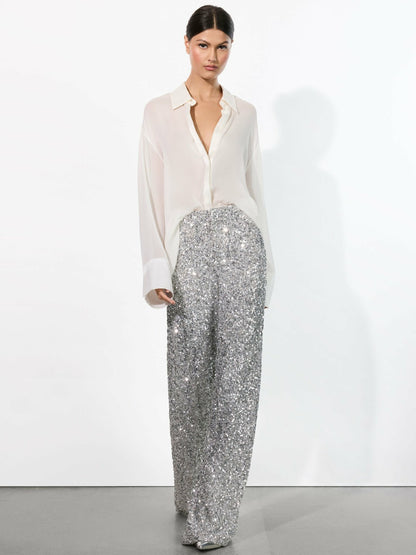 Mame Sequin Pant In Silver - Alice + Olivia Women