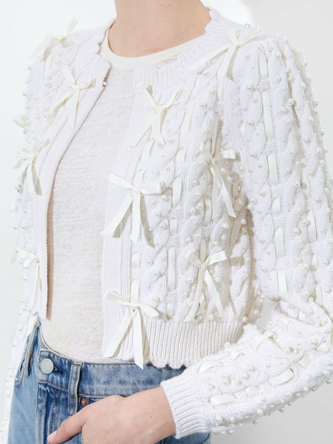 Kitty Bow Cardigan In Soft White - Alice + Olivia Women