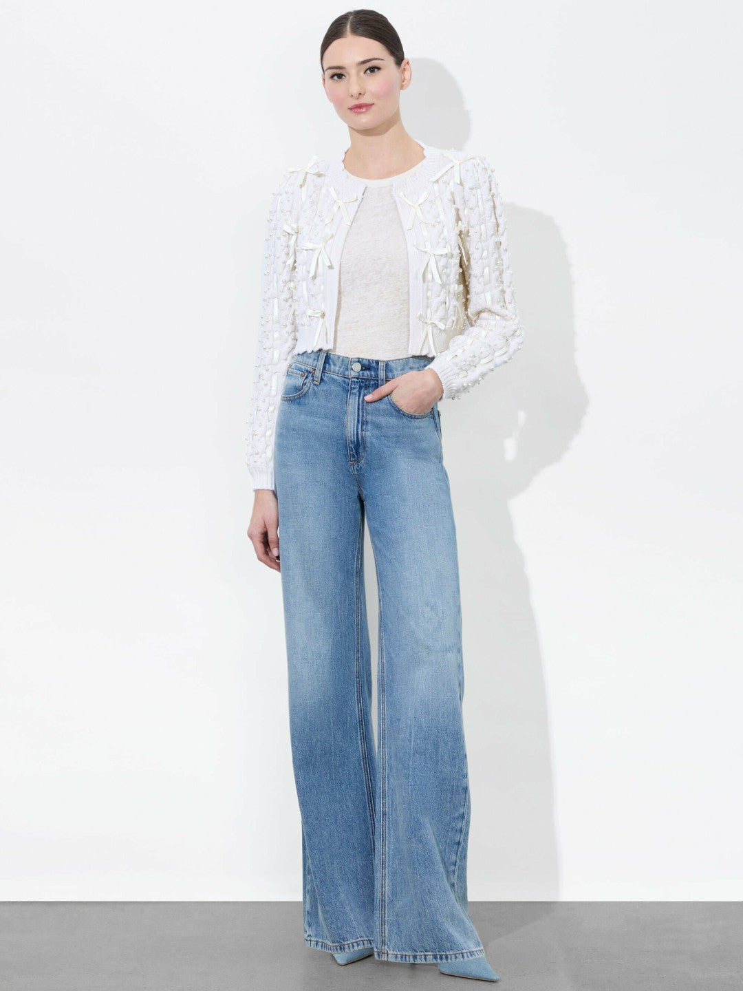 Kitty Bow Cardigan In Soft White - Alice + Olivia Women