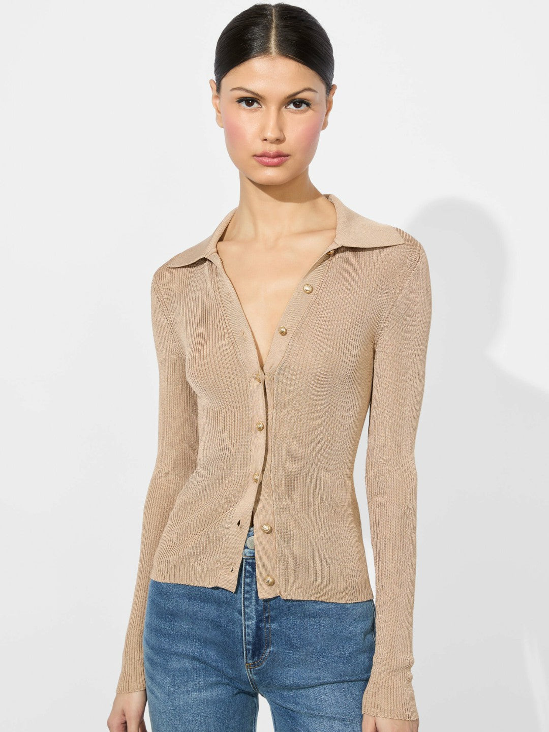 Nealie Ribbed Polo In Tan - Alice + Olivia Women