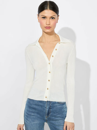 Nealie Ribbed Polo In Soft White - Alice + Olivia Women