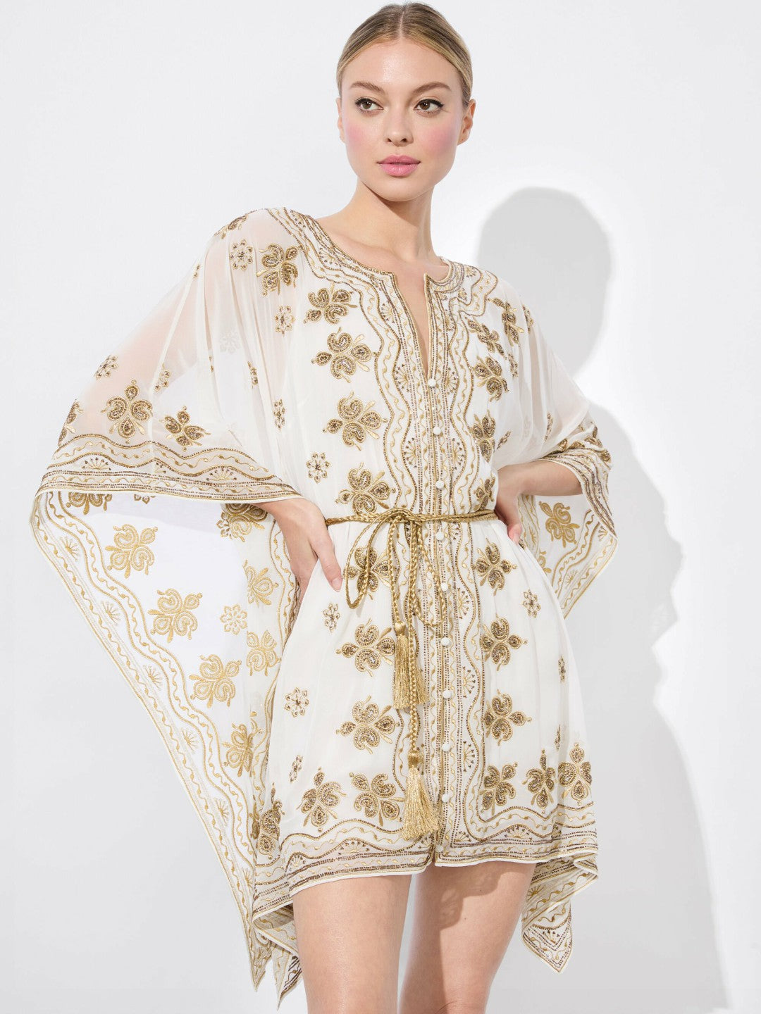 Marva Embellished Mini Kaftan In Off White/pale Gold - Alice + Olivia Women