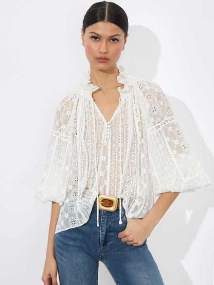 Norah Eyelet Blouse In Off White - Alice + Olivia Women