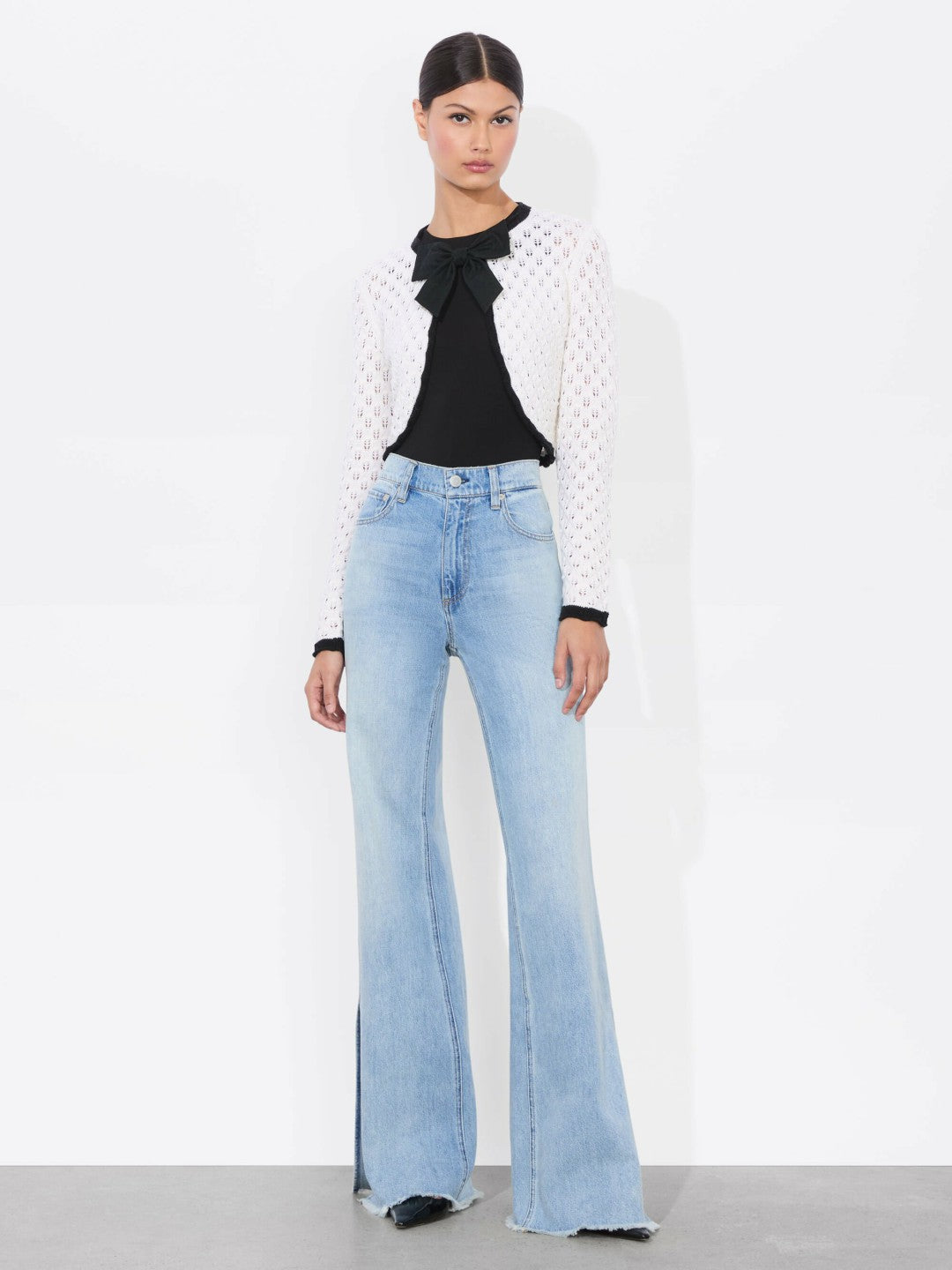 Dannie Shrug Bow Cardigan In Soft White/black - Alice + Olivia Women