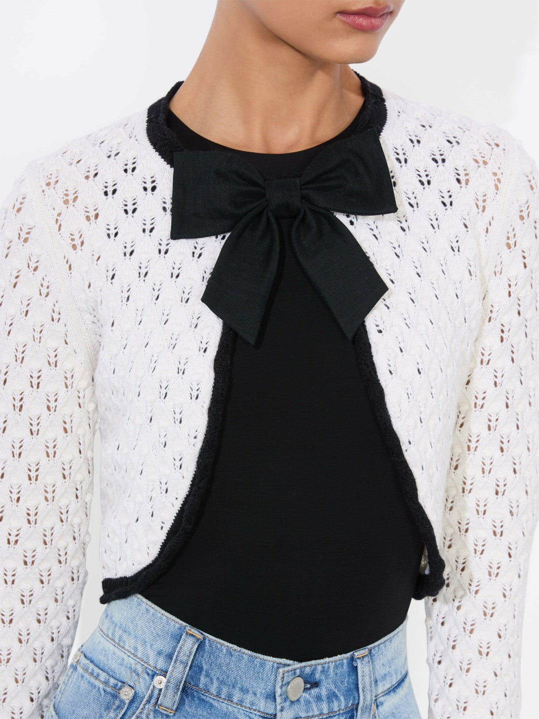 Dannie Shrug Bow Cardigan In Soft White/black - Alice + Olivia Women