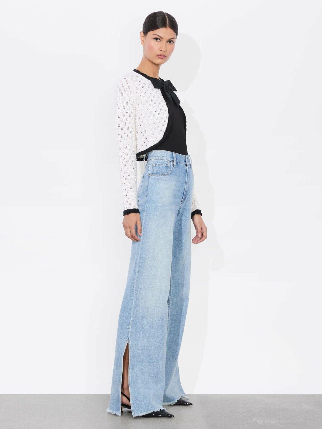 Dannie Shrug Bow Cardigan In Soft White/black - Alice + Olivia Women