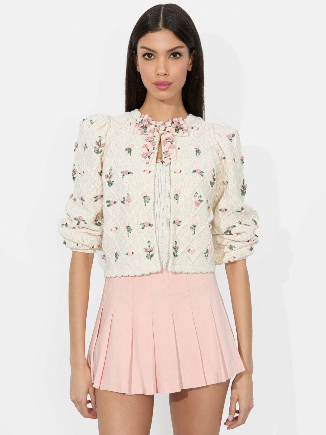 Kitty Bow Cardigan In Soft White Multi - Alice + Olivia Women