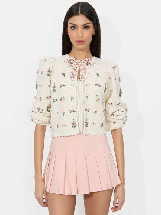 Kitty Bow Cardigan In Soft White Multi - Alice + Olivia Women