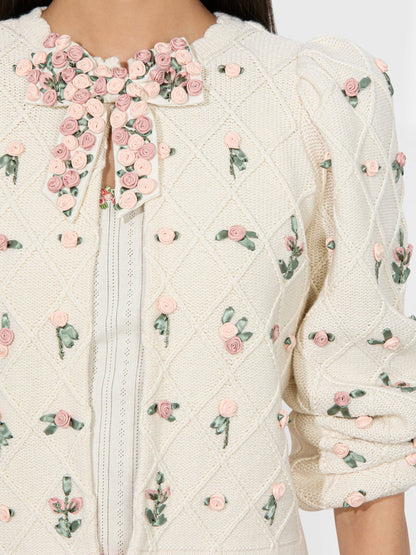 Kitty Bow Cardigan In Soft White Multi - Alice + Olivia Women