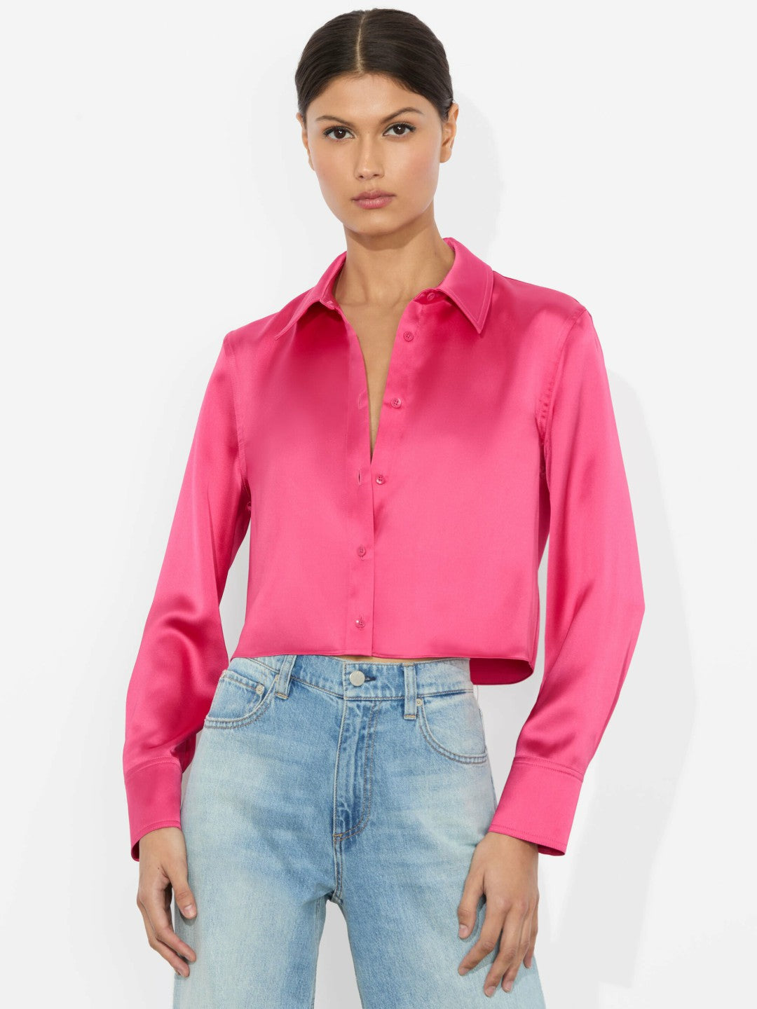 Leon Cropped Button Down In Raspberry - Alice + Olivia Women