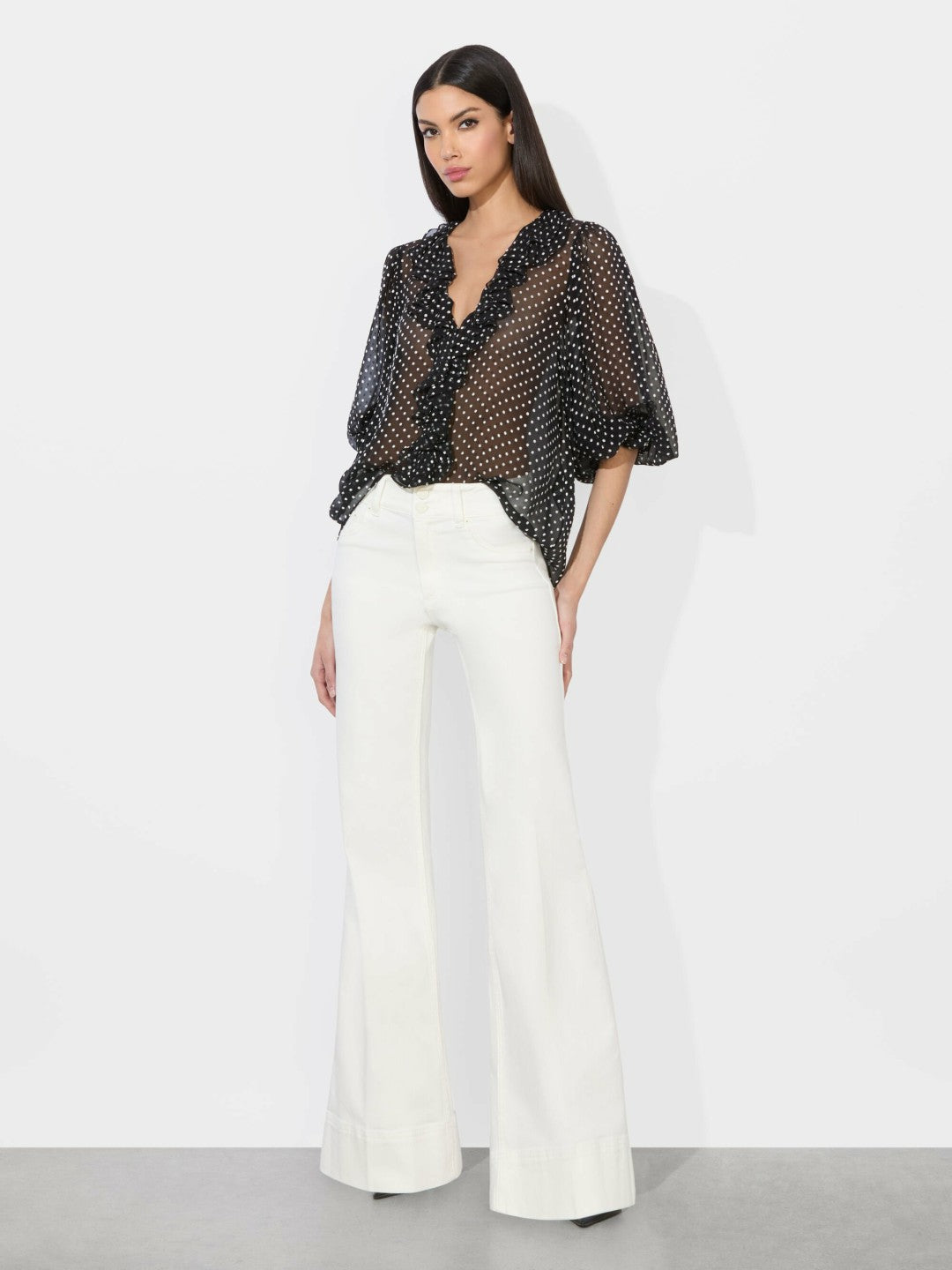 Betsie Ruffled Blouse In Black/off White Polka Dot - Alice + Olivia Women