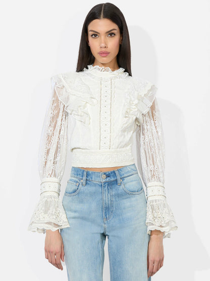 Delpha Embellished Top In Off White - Alice + Olivia Women