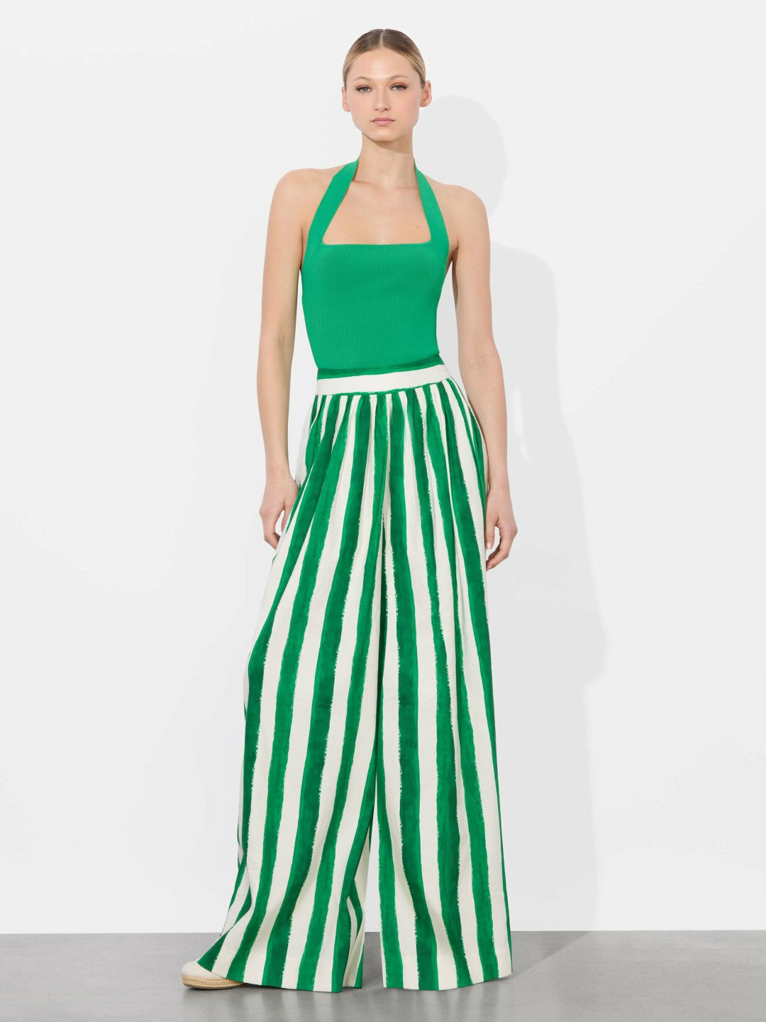 Samara Linen Pant In Painted Stripe Lt Emerald - Alice + Olivia Women