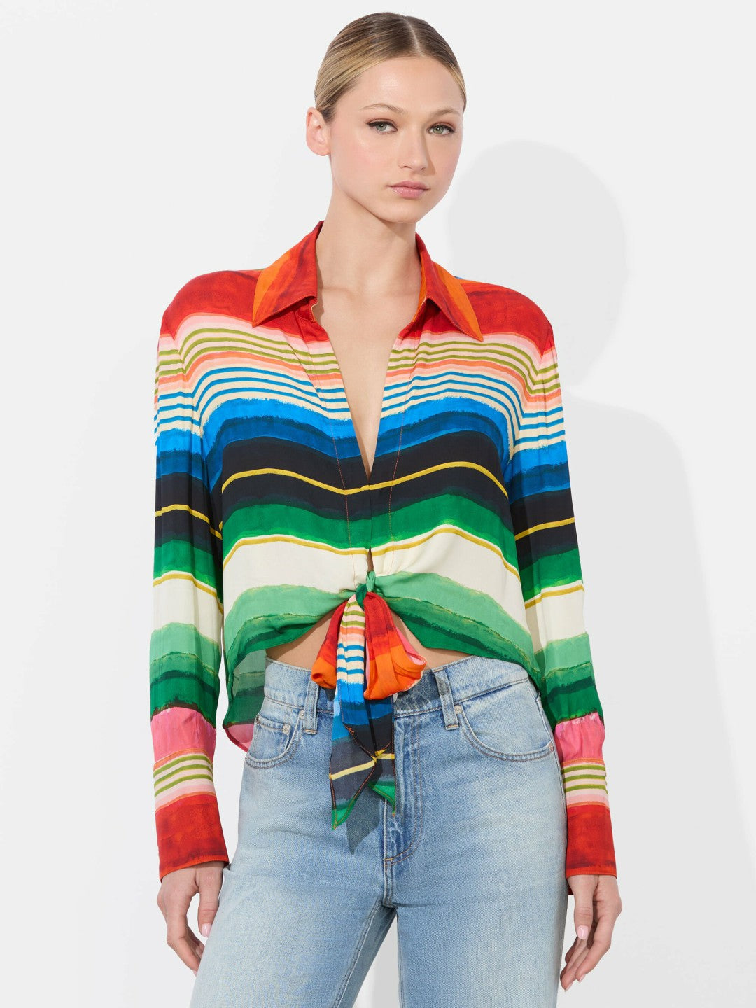 Hannon Tie Front Blouse In Rainbow Reef - Alice + Olivia Women