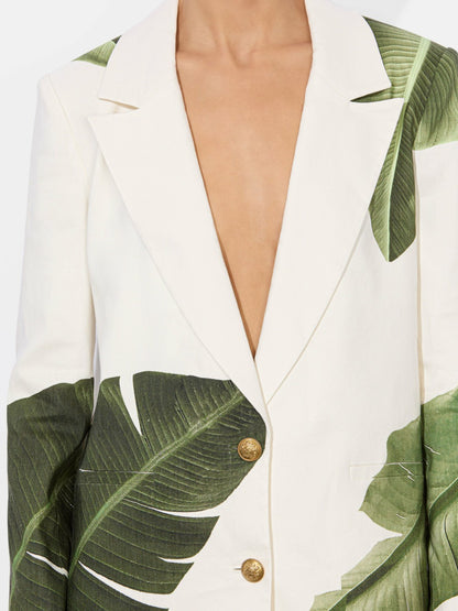 Elna Linen Blazer In Jungle Palm Off White - Alice + Olivia Women