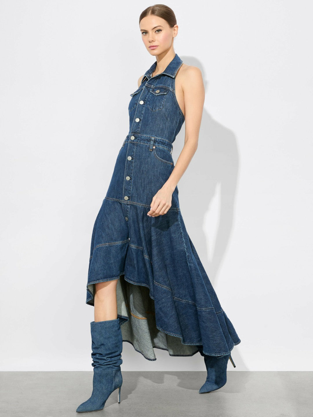 Juana High Low Denim Dress In Darby Vintage Blue - Alice + Olivia Women