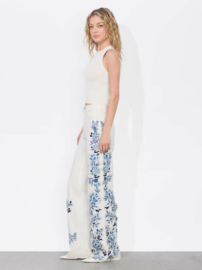 Weezy Embroidered Jean In Off White - Alice + Olivia Women