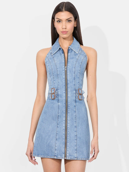 Axelle Denim Mini Dress In Peyton Vintage Blue - Alice + Olivia Women