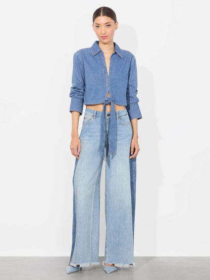 Hannon Chambray Tie Front Blouse In Medium Indigo Chambray - Alice + Olivia Women