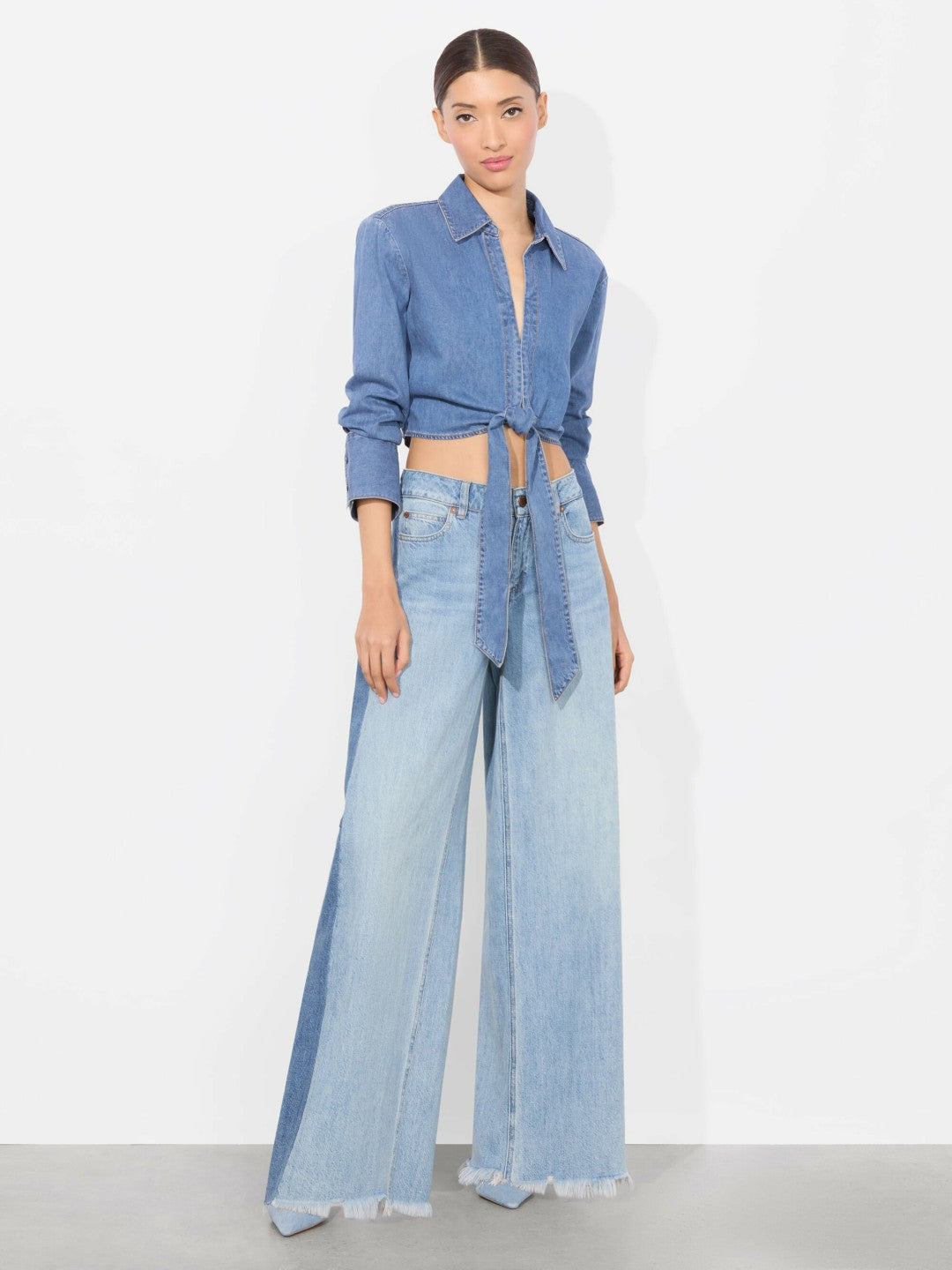 Hannon Chambray Tie Front Blouse In Medium Indigo Chambray - Alice + Olivia Women