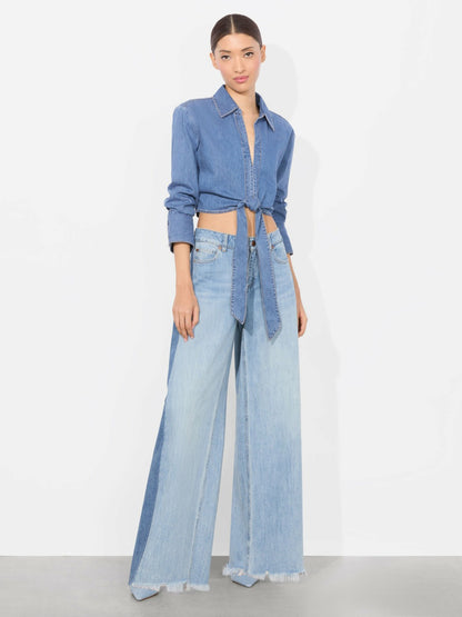 Hannon Chambray Tie Front Blouse In Medium Indigo Chambray - Alice + Olivia Women