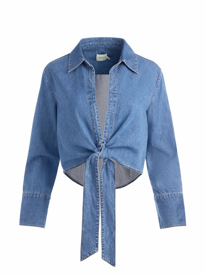 Hannon Chambray Tie Front Blouse In Medium Indigo Chambray - Alice + Olivia Women
