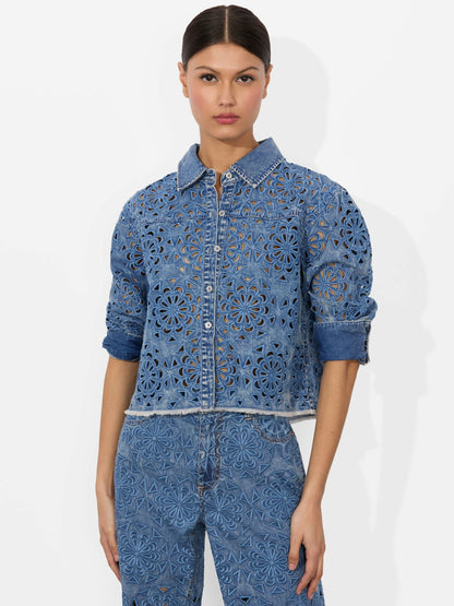 Finely Lasercut Denim Shirt In Avery Blue - Alice + Olivia Women