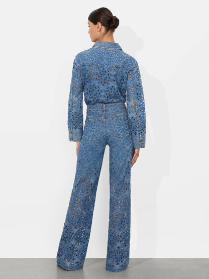 Finely Lasercut Denim Shirt In Avery Blue - Alice + Olivia Women