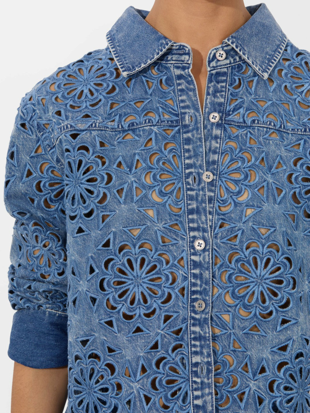 Finely Lasercut Denim Shirt In Avery Blue - Alice + Olivia Women