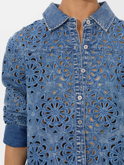 Finely Lasercut Denim Shirt In Avery Blue - Alice + Olivia Women