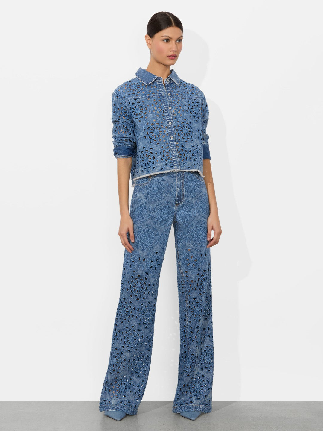 Finely Lasercut Denim Shirt In Avery Blue - Alice + Olivia Women