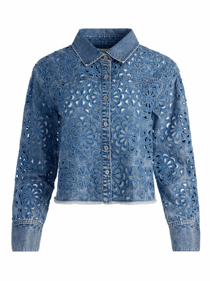 Finely Lasercut Denim Shirt In Avery Blue - Alice + Olivia Women