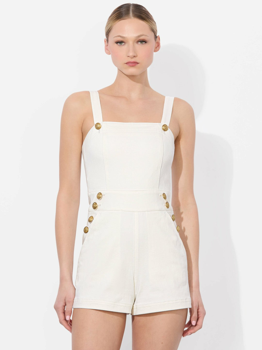 Vita Denim Romper In Off White - Alice + Olivia Women